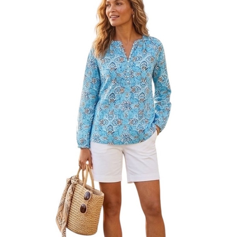 Talbots Cotton Light Weight Blue Medallion Print‎ Ruffle Neck Tunic Top Women LP